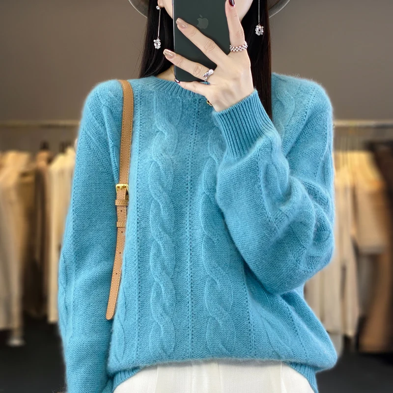 2024 Autumn/Winter New 100% Pure Wool Pullover Shirt Women's Knitted Loose Large Size Sweater Solid Color Fashion Top