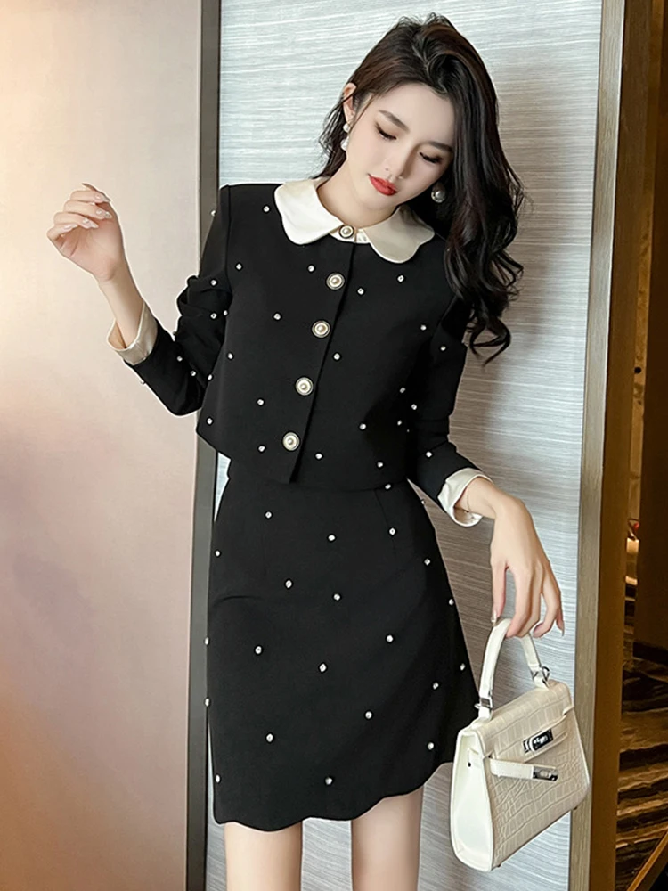 Sweet Elegant 2 Piece Sets Women Exquisite Luxury Formal Black OL Long Sleeve Short Jacket Coat Slim Mini Skirts Outfits Mujer