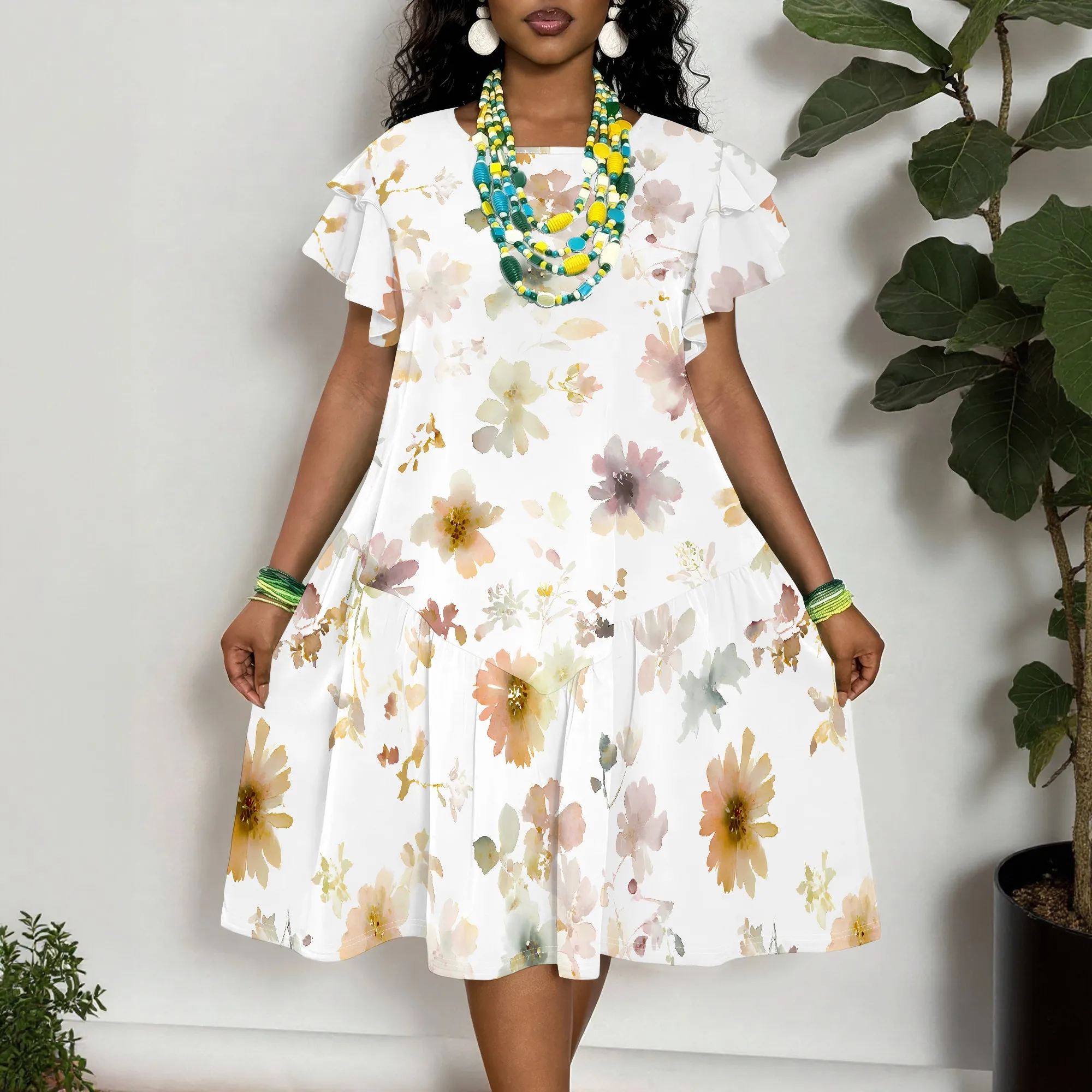 

Women's Floral Print Short Sleeve Dress - Elegant Summer Midi Dress with Ruffle Sleeves
