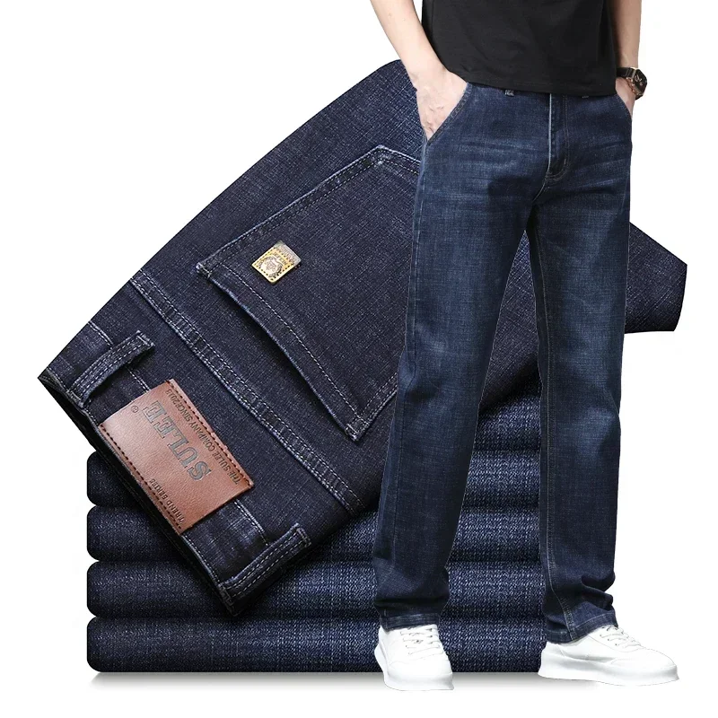 

Pop Brand Men's Straight Jeans Thin Business Casual Classic Style Cotton Pants Breathable Fashion Denim Trousers Male Dark Blue
