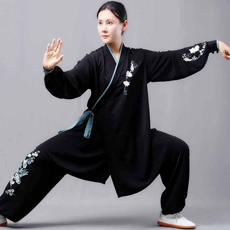 Custom Made Black Tai Chi Suit, Premium Flowy Pearl Satin Hanfu Style for Women's Practice