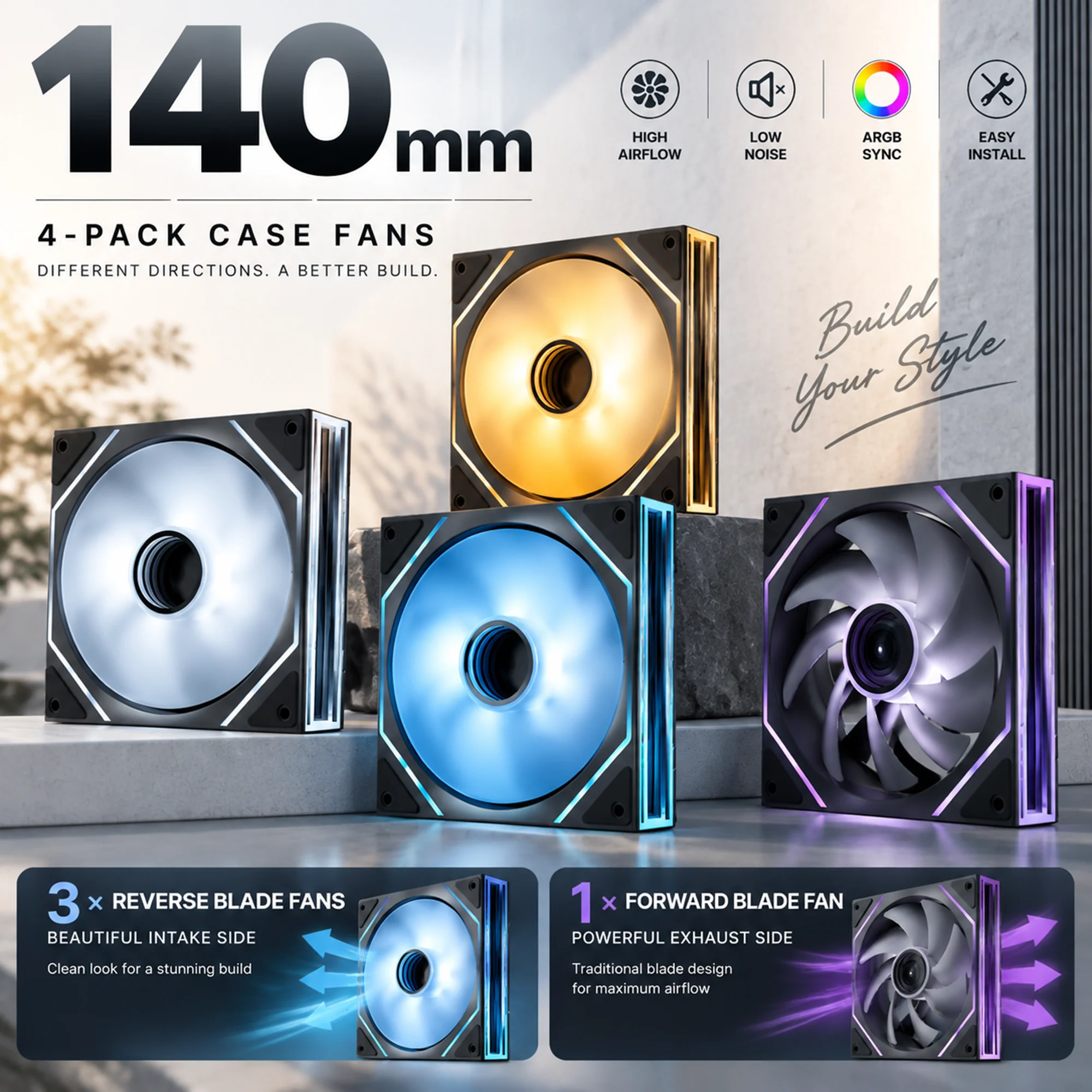 Aliexpress 4 Pack 14cm ARGB PC Case Fans, 3 Reverse Blade Fans + 1 Forward Blade Fan, PWM Cooling Fans for Gaming Computer Build - Aliexpress Deal