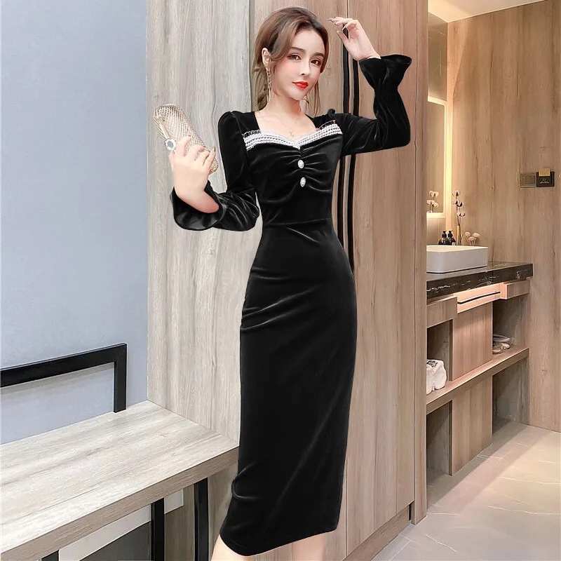 2022 Women Autumn Winter Velvet Dress Lady Long Sleeve Fungus Lace Mesh Yarn Velour Dresses Chic Casual Elegant Party Vestidos