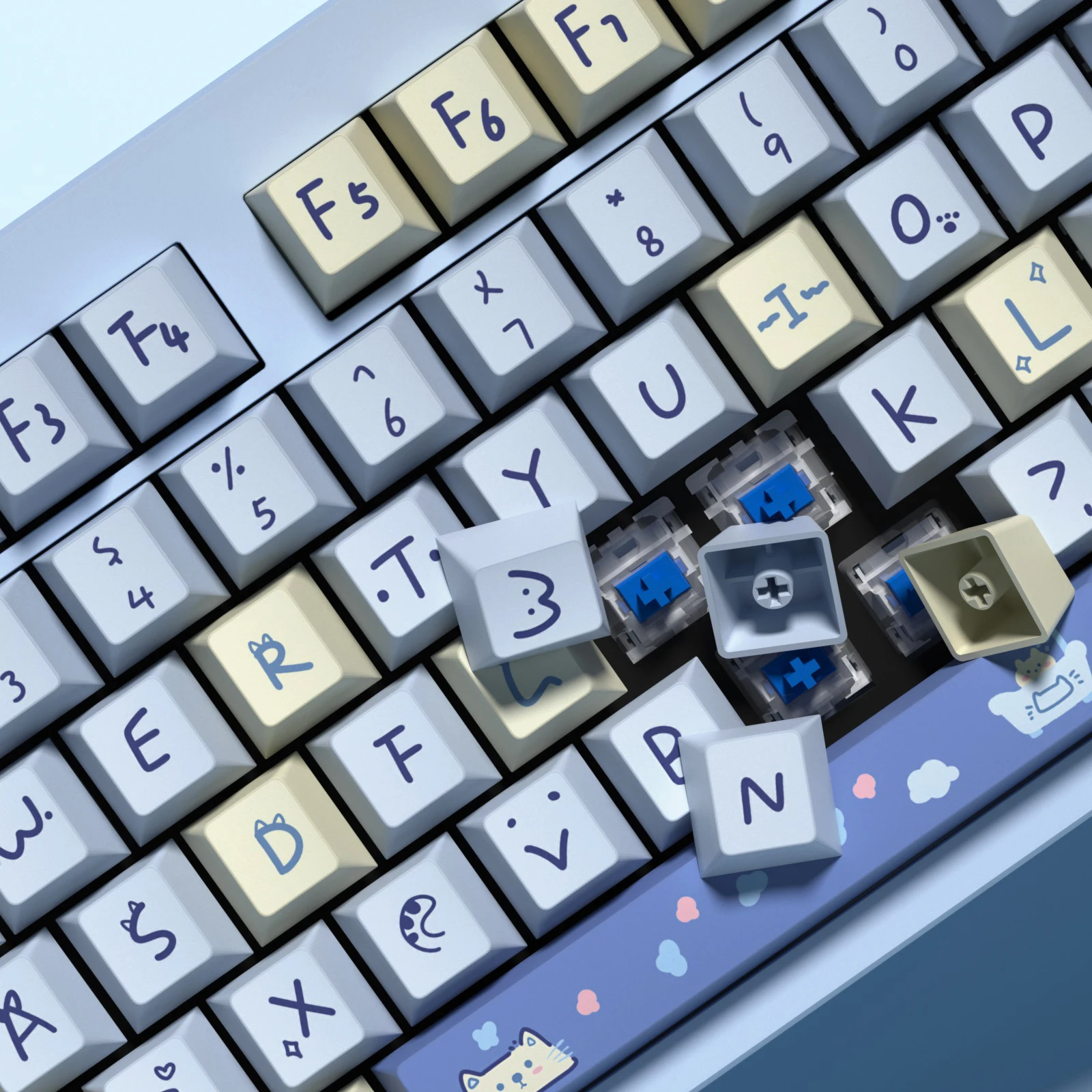 Kbdiy 141 tasten kirsch profil schlüssel kappe niedliches tier blau meow thema tasten kappen für mechanische spiel tastatur mx schalter pbt tasten kappen – Detail 6