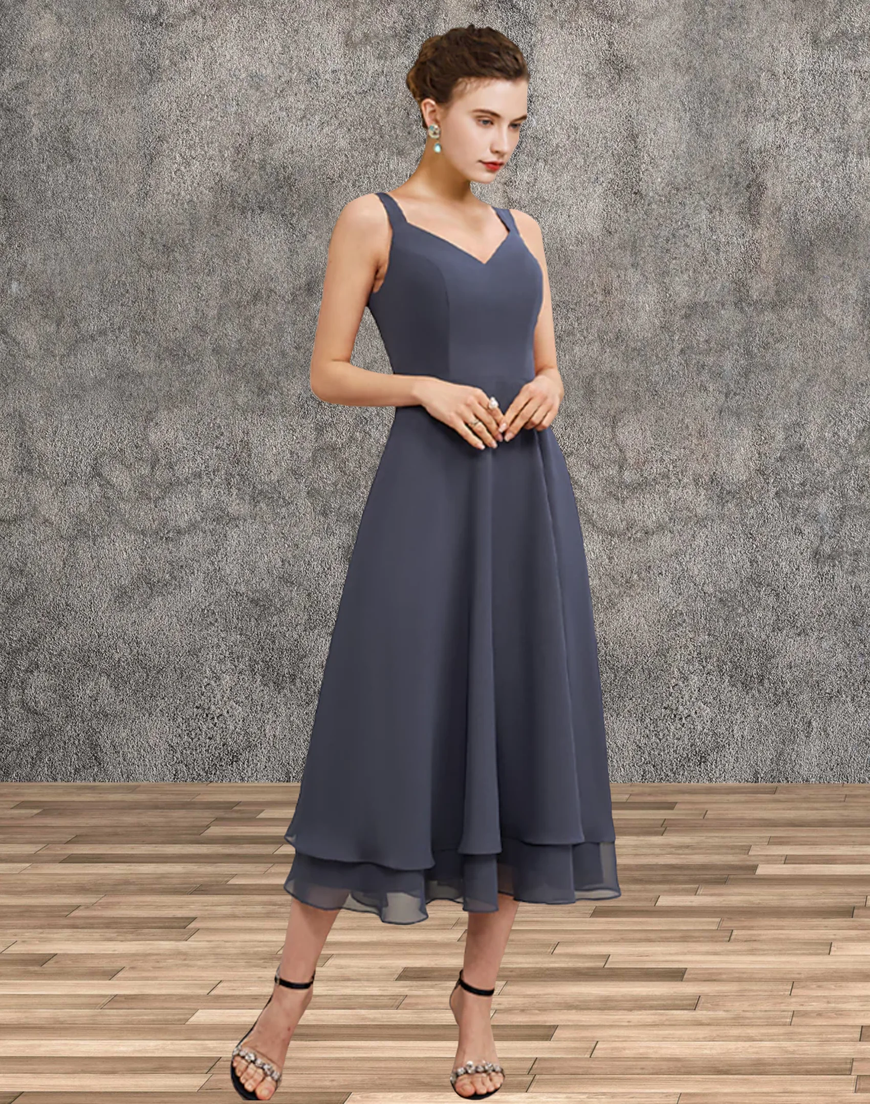 A-Line Mother of the Bride Dress Elegant V Neck Tea Length Chiffon Lace Sleeveless Jacket Dresses with Tier Solid Color 2024