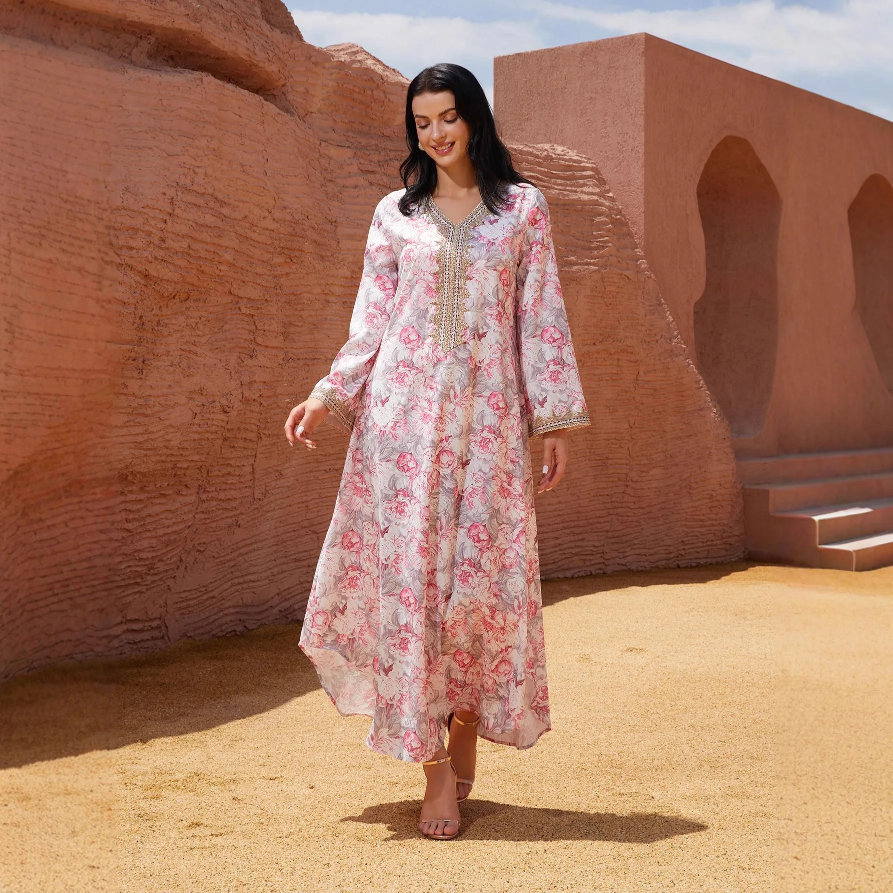 

High Quality Muslim Fashion Abaya Women's Sexy Floral Satin Robe Casaul Wear Floor-Length Digital Print Muslim Dresses