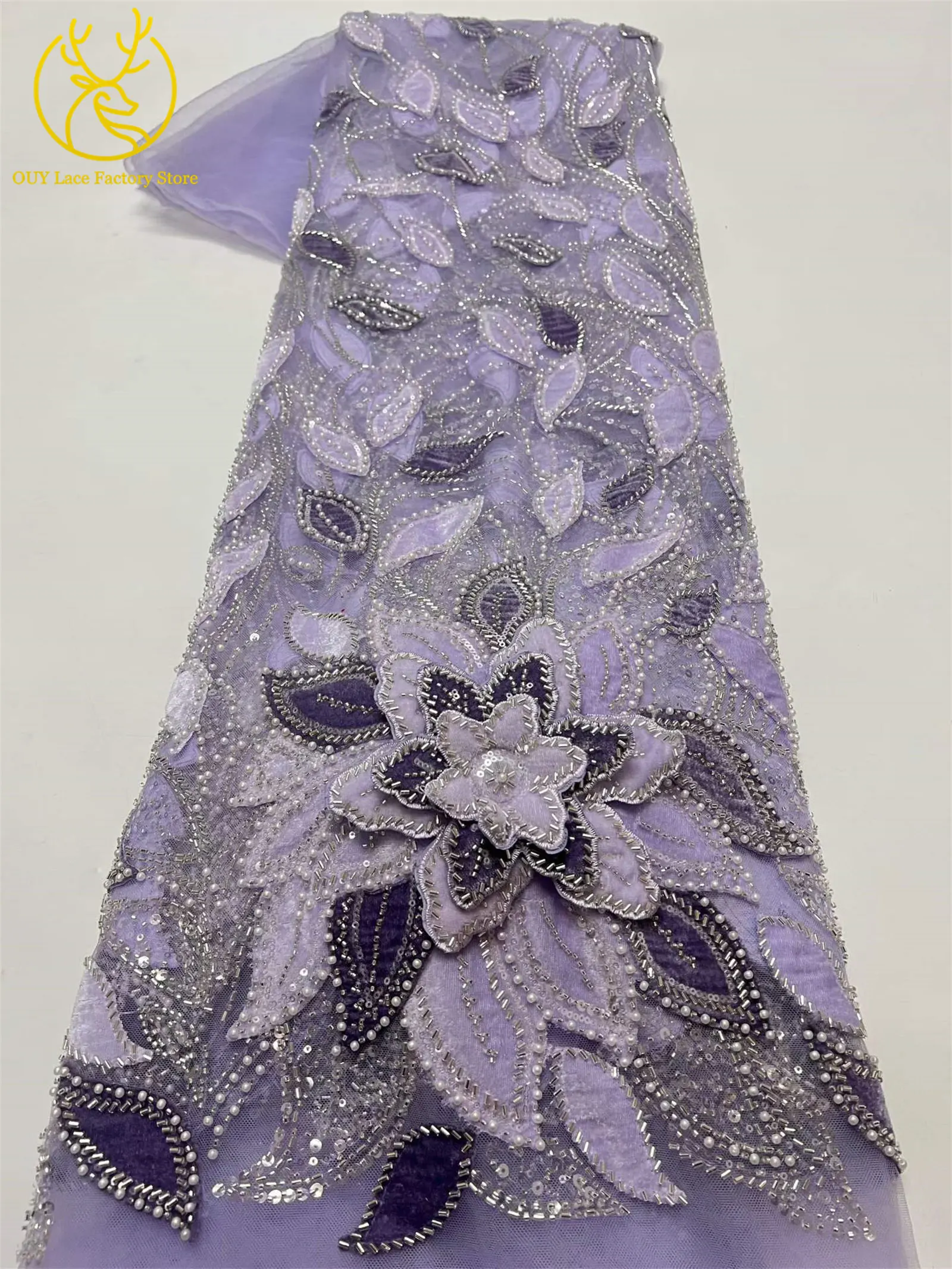 3D-Blumen handgefertigter Perlen-Spitzenstoff, afrikanischer Spitzenstoff, exquisiter nigerianischer Pailletten-Tüll-Spitzenstoff für Hochzeitskleider zum Nähen – Detail 4