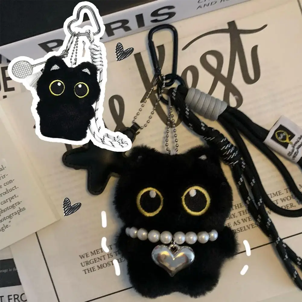 دمية قط أسود لطيفة مخملية سلسلة مفاتيح قلادة صغيرة حلقة مفاتيح السيارة دمية قطط هدايا عيد ميلاد للأولاد والبنات - 2