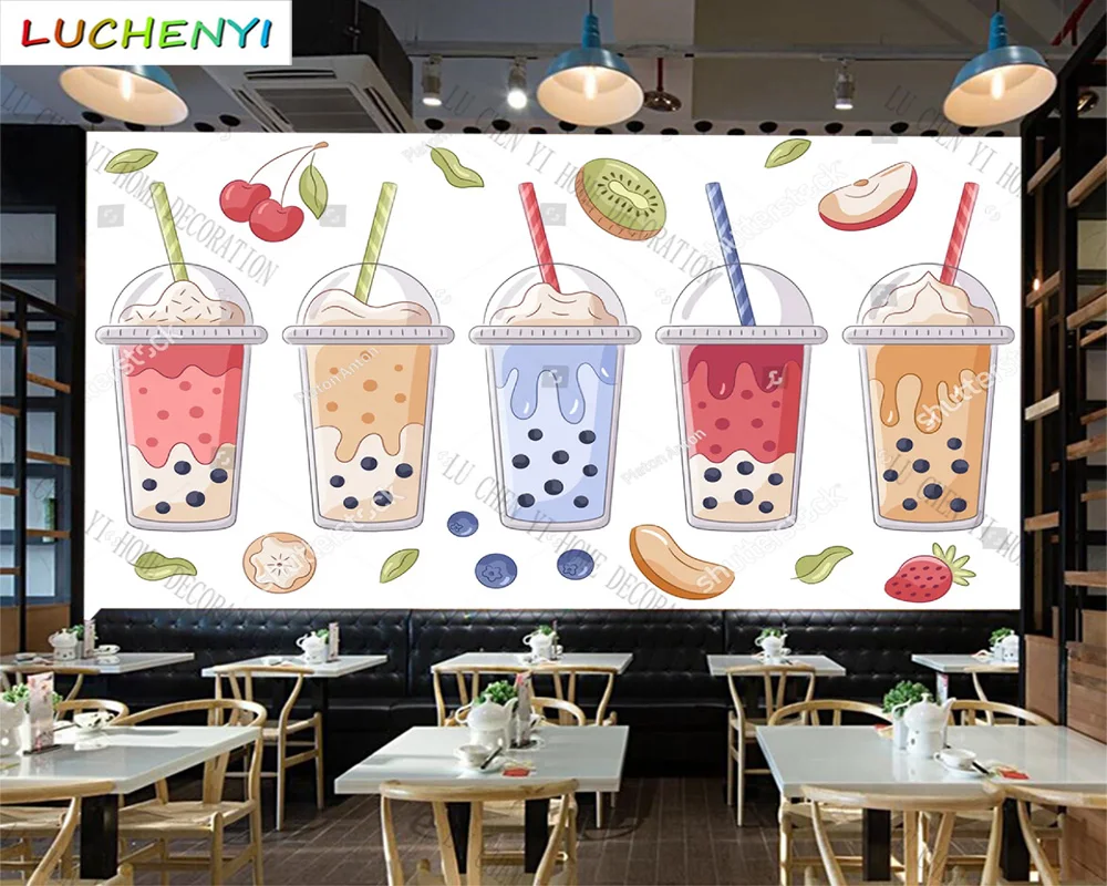 Custom colorful bubble tea juice Boba mural wallpaper restaurant cold drinking shop dining room wall papers home decor sticker