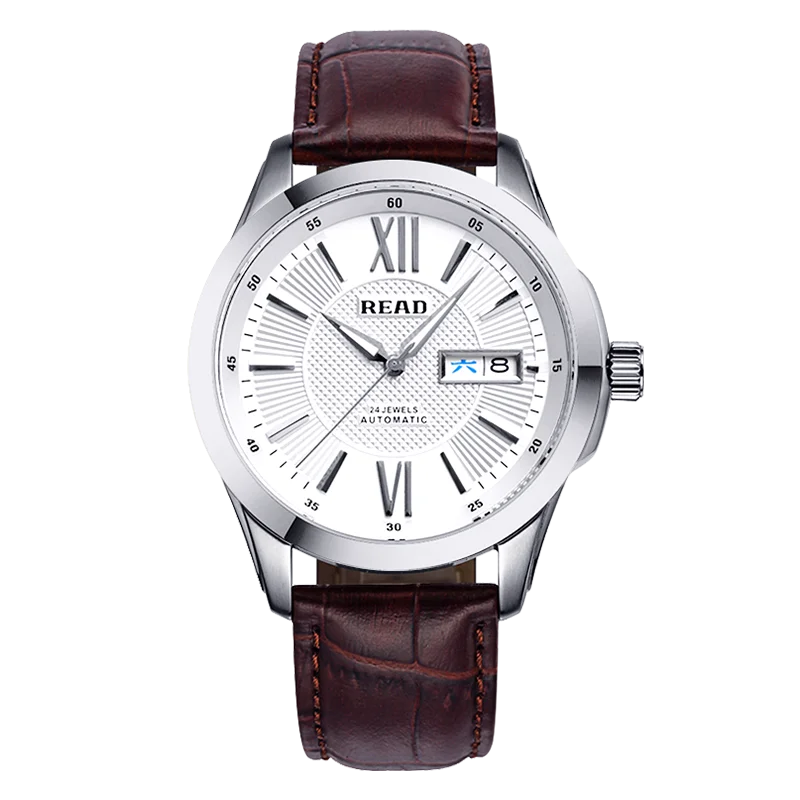 READ Men Automatic Mechanical Watch | Brown Leather Strap | Sapphire Glass | Roman Day‑Date Dial | 50M Water Resistant