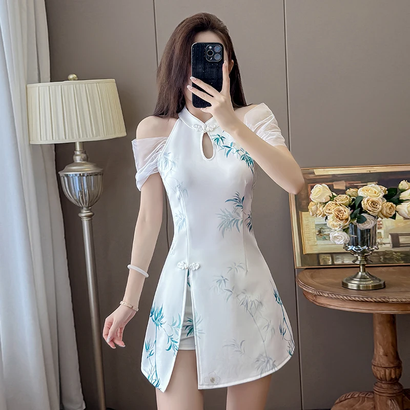 

2026 Summer Women Off Shoulder Cheongsam Set - High Slit Modern Qipao 2 Piece Outfit, Elegant Floral Printed Dress & Shorts