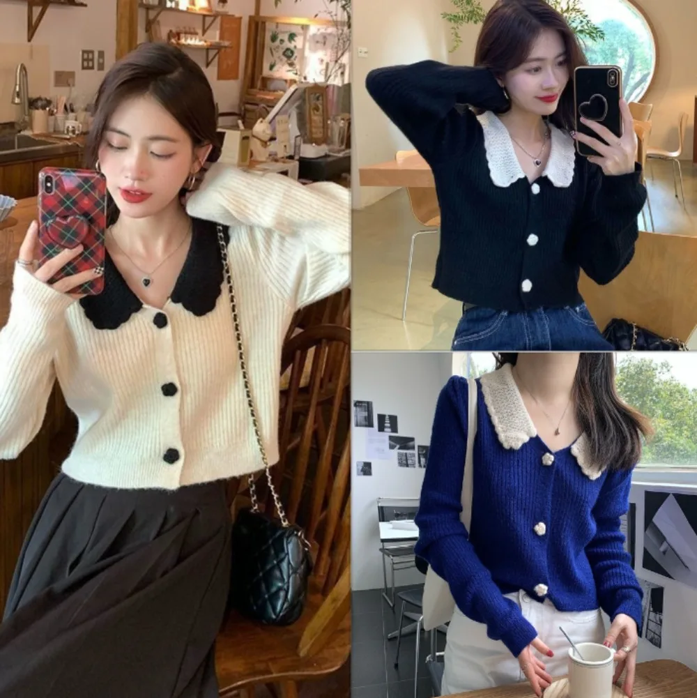 

Fashion Knitted Cardigan Women Lapel Contrasting Crochet Single Breasted Long Sleeve Sweater Coat Top