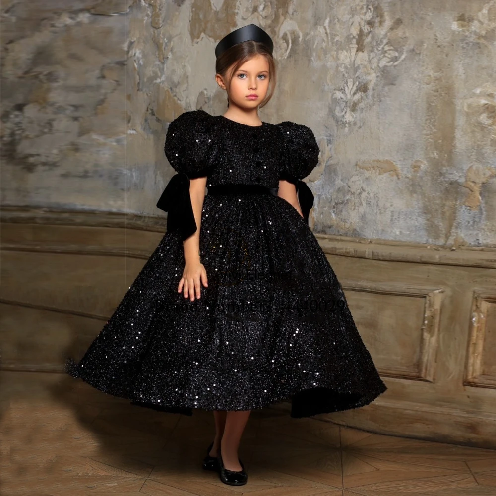 Luxury Blacck Flower Girl Dresses with Sequined Puff Short Sleeve Wedding Party Gown Tea Length فساتين للحفلات الراقصة 2023