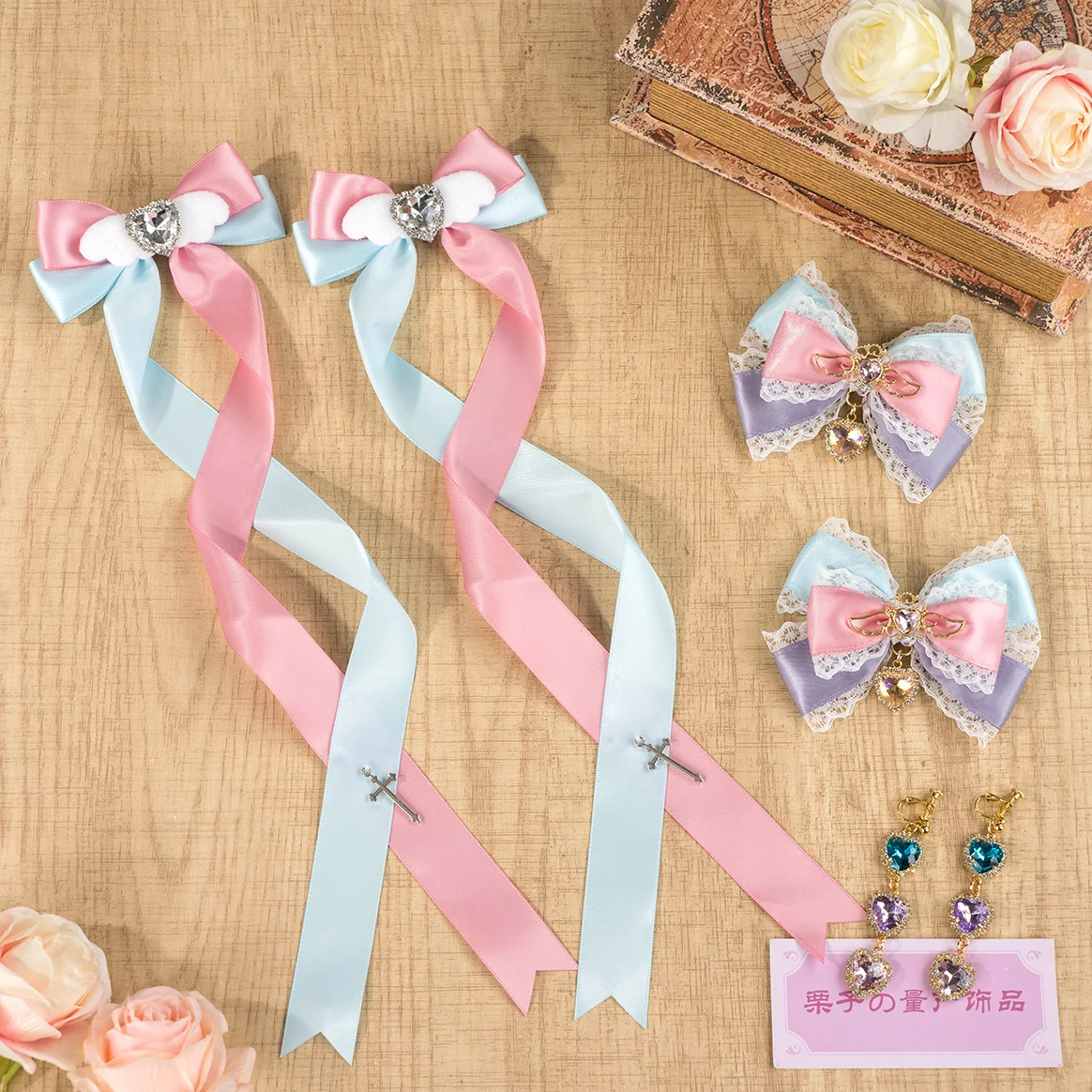 Mine Japanese Hairpin Female Soft Sister Kawaii Cute Sweet Double Ponytail Hair Clip Love Bow Hairpin Earrings Earclip Jewelry