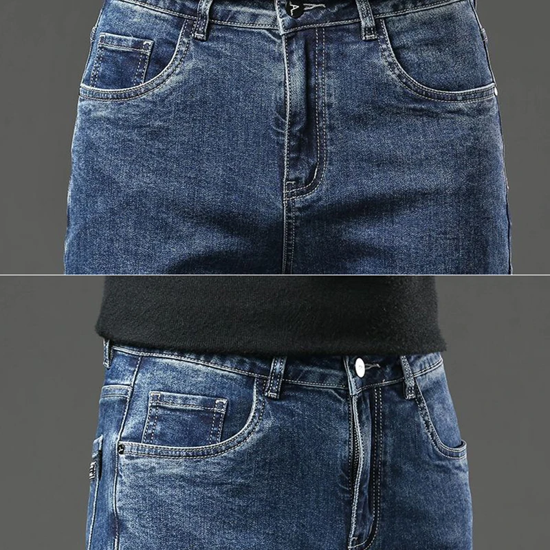 2025 Winter Warm Men's Fleece Thick  Pants Business Stretch Slim Fit Denim Pants Classic Casual Black Gray Blue Trousers