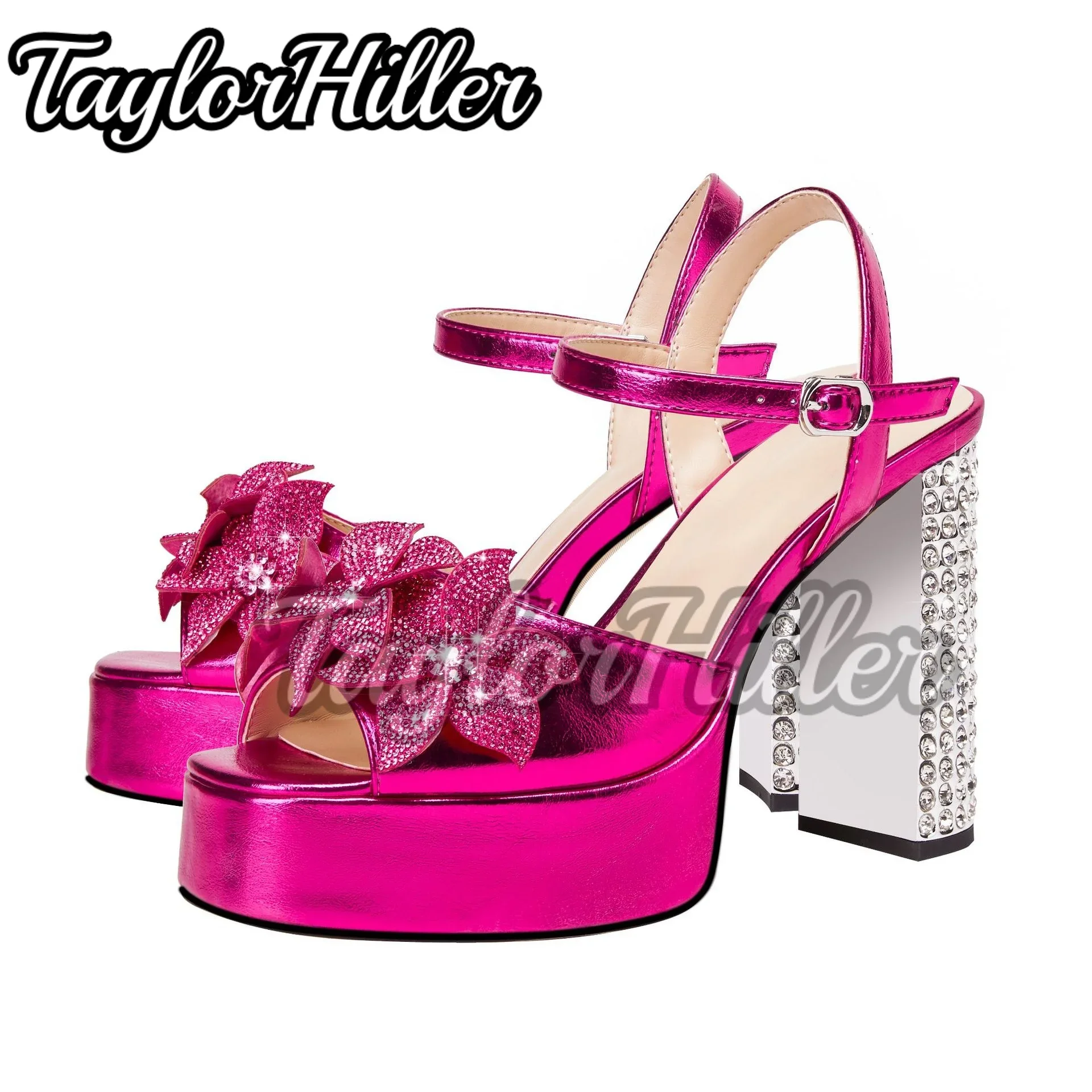 

Розово-красные босоножки на каблуке с кристаллами, туфли на высоком каблуке и платформе с пряжкой и ремешком, туфли металлик, летне-осенние женские модельные вечерние зеленые туфли, 2025 г.