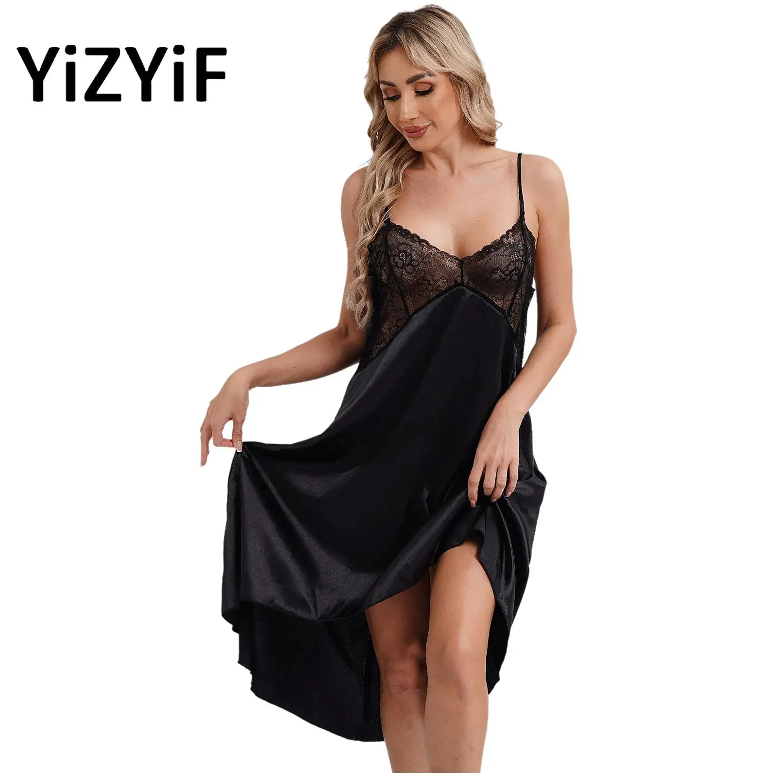 Vêtements de nuit en satin patchwork de dentelle transparente pour femmes, vêtements de nuit en élasthanne croisée, robe à bretelles spaghetti réglables, ourlet irrégulier