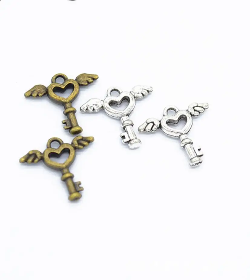 300pcs Fashion Metal 3 color Love Heart wings key Charms For Jewelry Making Diy Handmade 15*14mm F0420