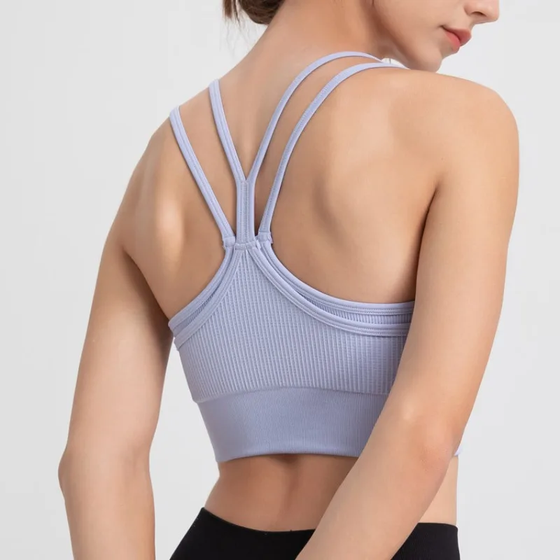 Pmwrun Womens Thin Shoulder Straps Beautiful Back Fake Two Sports Bra Shock-proof Running Yoga Fitness Clothes Bra Vest