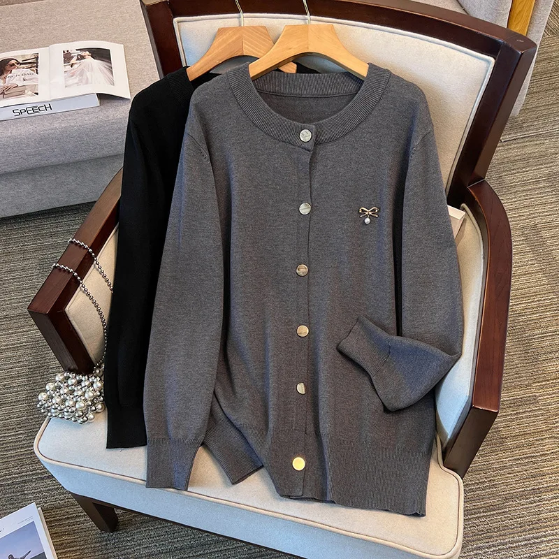 170Kg Plus Size Women's Bust 160 Spring Autumn Loose Cardigan Sweater Knitted Jacket Black Dark Gray 4XL 5XL 6XL 7XL 8XL 9XL