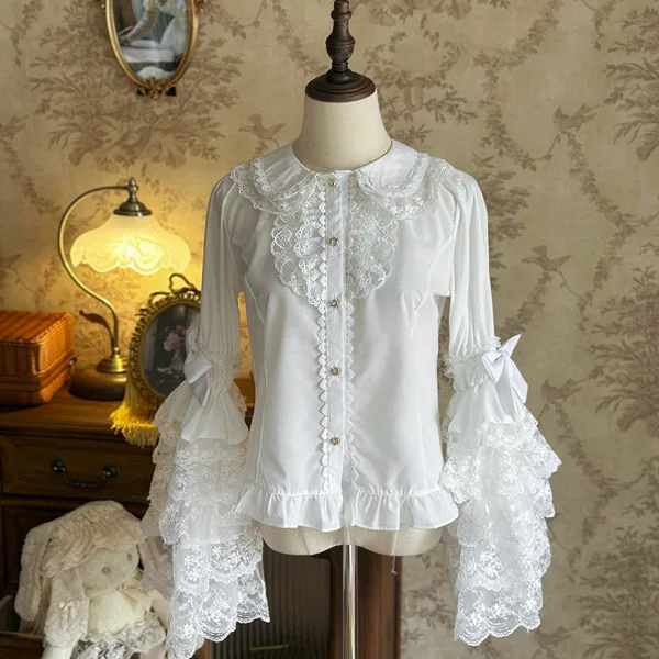 Japanese Lolita Style White Blouse Women Vintage Bow Flare Sleeve Shirt Summer Y2k Aesthetic Lace Patchwork Tops JK Loose Blusas