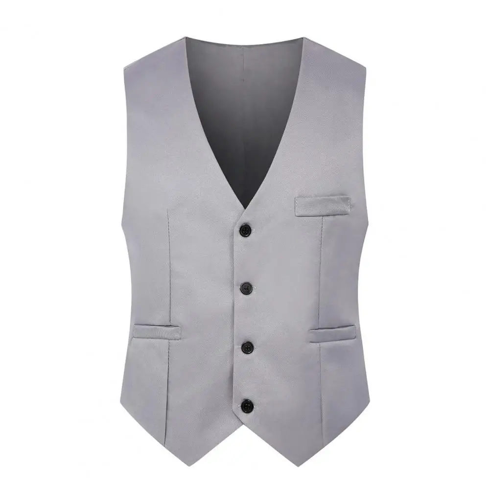 Formal Vest Sleeveless Pockets Single-Breasted Male Suit Vest Casual Party Bar Banquet Dress Waistcoat Solid Color Suit Vest