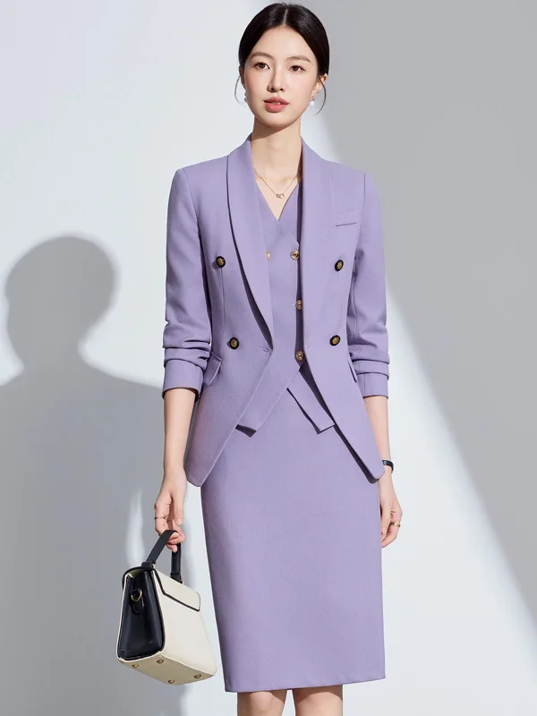 Professional Purple Suit Set for Women Commute Work Style High Waist Slim Fit Long Sleeve Double Breasted Coat Jacket