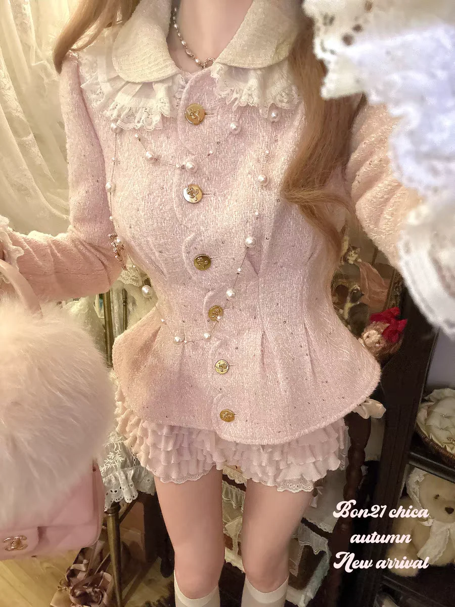 Princess sweet lolita jacket bobon21 Pearl double-layer collar wool cute lace bow coarse tweed waist jacket C2430