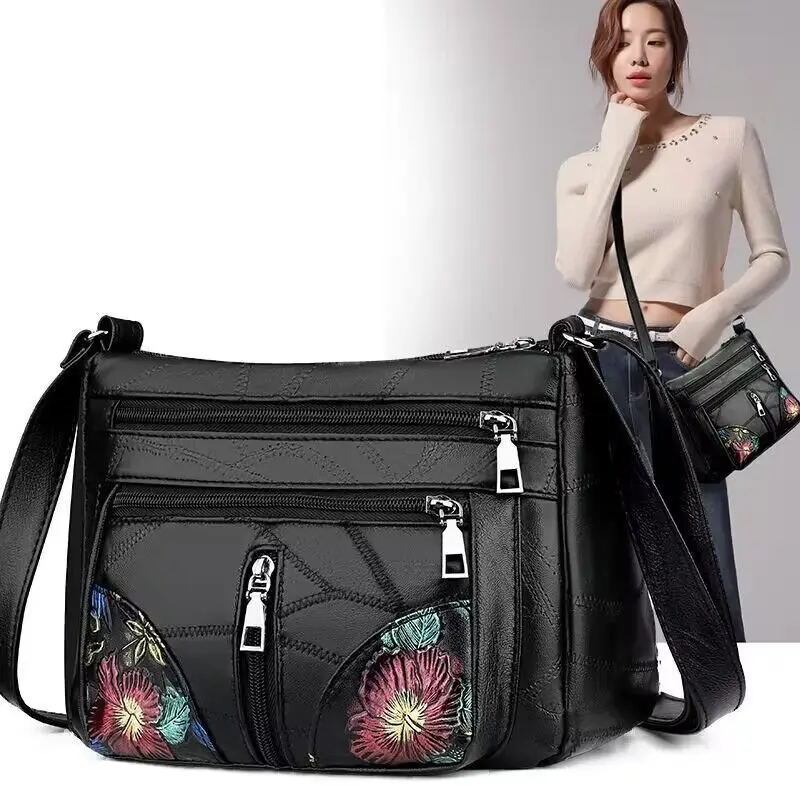 Women's Floral Embroidery Shoulder Bag Multi-zipper Casual Crossbody Bag Lightweight for Daily Shopping Dating Outing