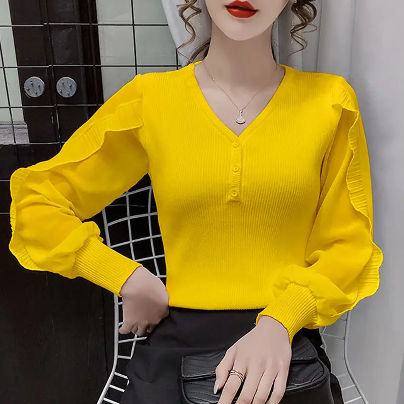 Vintage V-Neck Jumpers Elegant Solid Color Spliced Fashion Chiffon Ruffles Autumn Winter New Korean Slim Button Knitted Sweaters