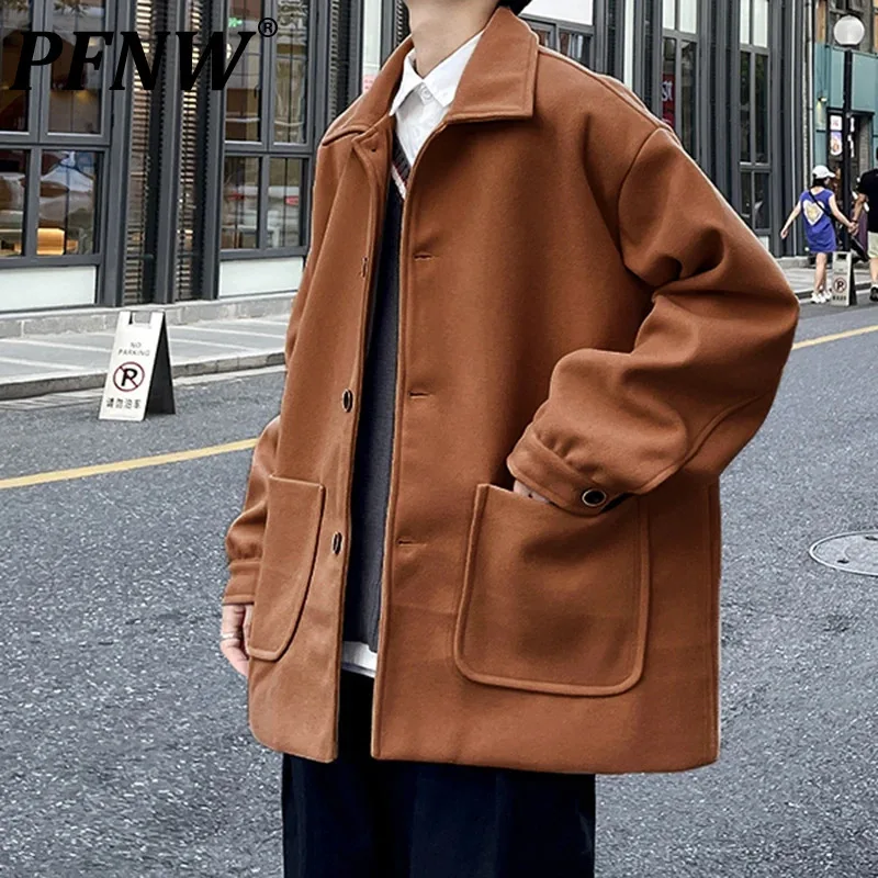 

PFNW Lapel Short Windbreaker Men's Autumn New Single Breasted Handsome Casual Trench Solid Color Loose Large Pocket Tops 28W5132