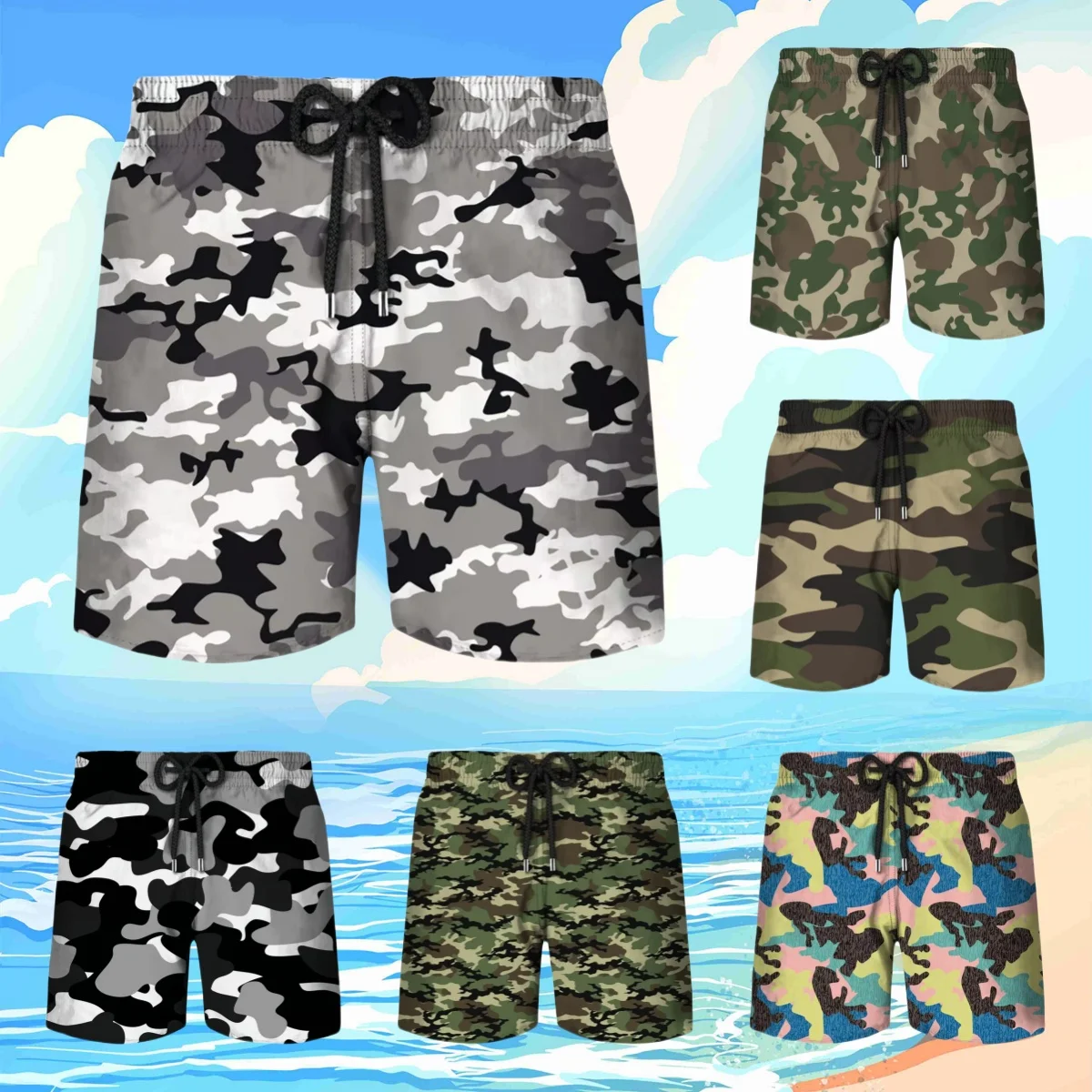 

Классические камуфляжные шорты с 3D принтом, летние мужские короткие модные мужские плавки, крутые детские шорты со льдом, женские короткие штаны, детские шорты