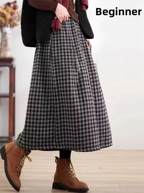 

High-End Autumn Winter Plaid Woolen Skirt Casual High Waist Vintage Forest System Women's Faion Ele Midi Skirt