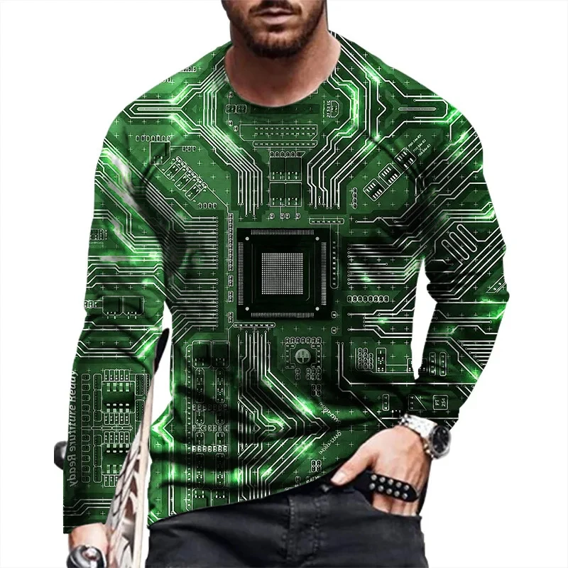 T Shirts Vintage Circuit Board Patterns 3D Print Streetwear Loose  Men Long Sleeve Harajuku Round Neck Oversized TShirt Clothing