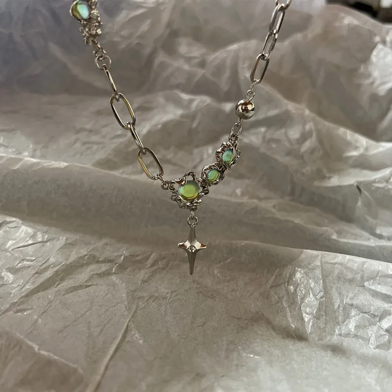 Crystal Opal Pendant Liquid Metal Necklace for Women Clavicle Chain Geometric Irregular Vintage Choker Y2K Jewelry Accessories