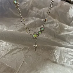 Crystal Opal Pendant Liquid Metal Necklace for Women Clavicle Chain Geometric Irregular Vintage Choker Y2K Jewelry Accessories
