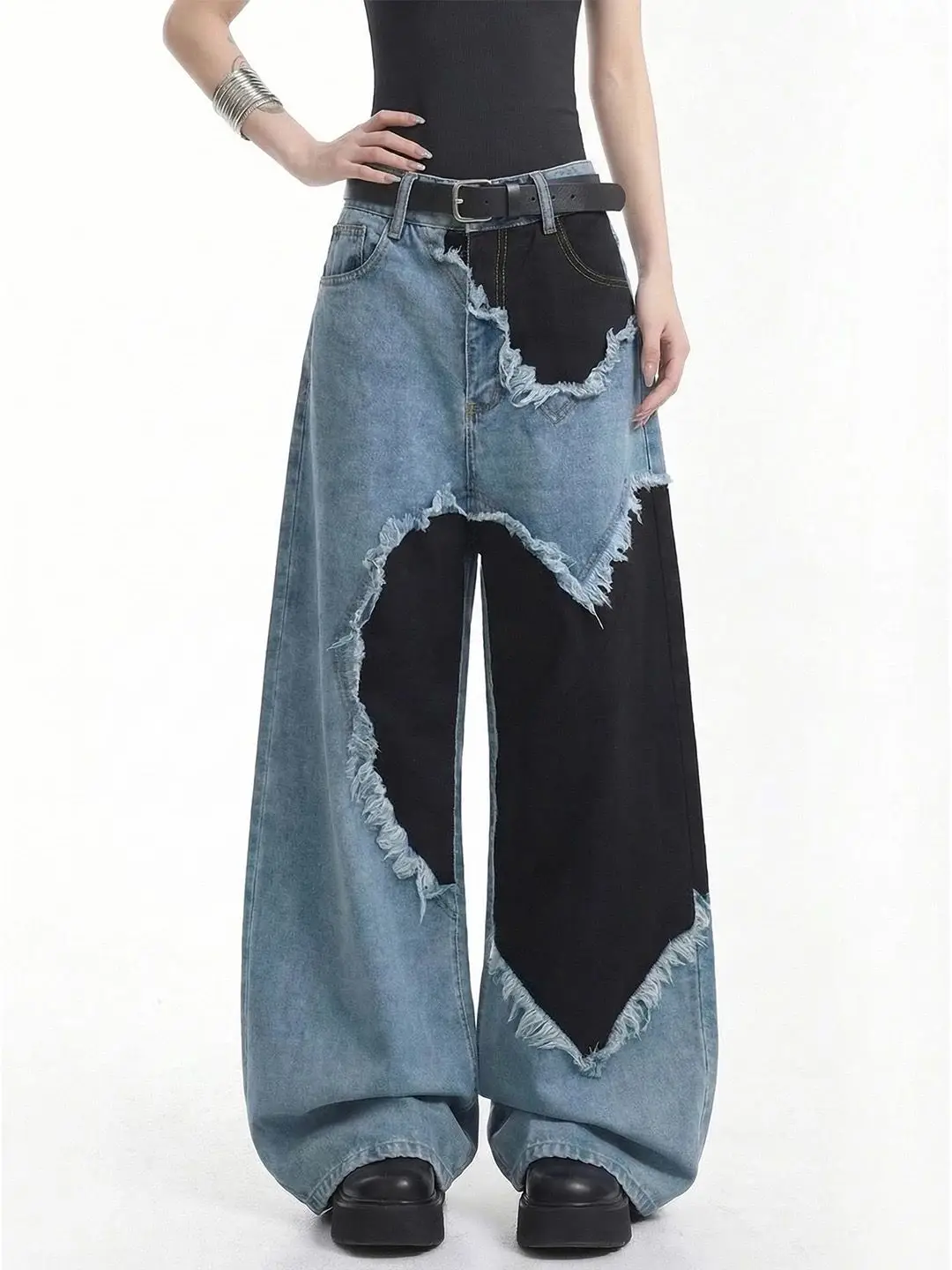 Y2K Retro Jeans Fringed Heart Patchwork Contrast Loose Straight Leg Wide Leg for American Women Spring Style
