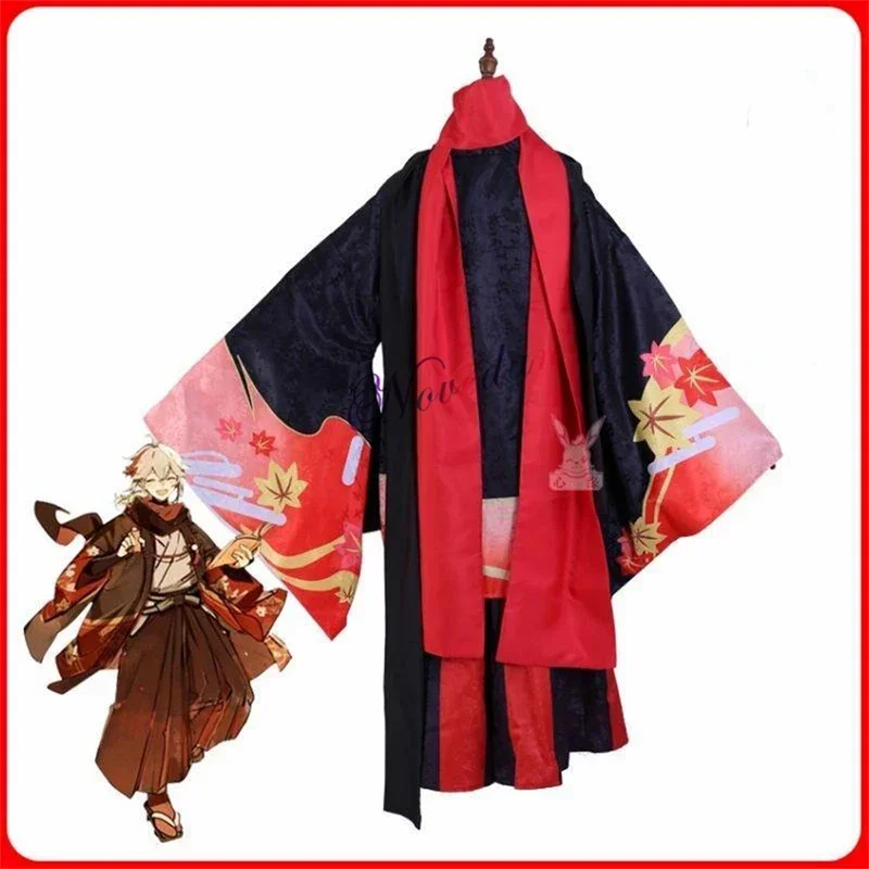 Anime Vijf Kasen Kaedehara Kazuha Cosplay Kimono Halloween Carnaval Samurai Kostuum Prop Pruik MN5