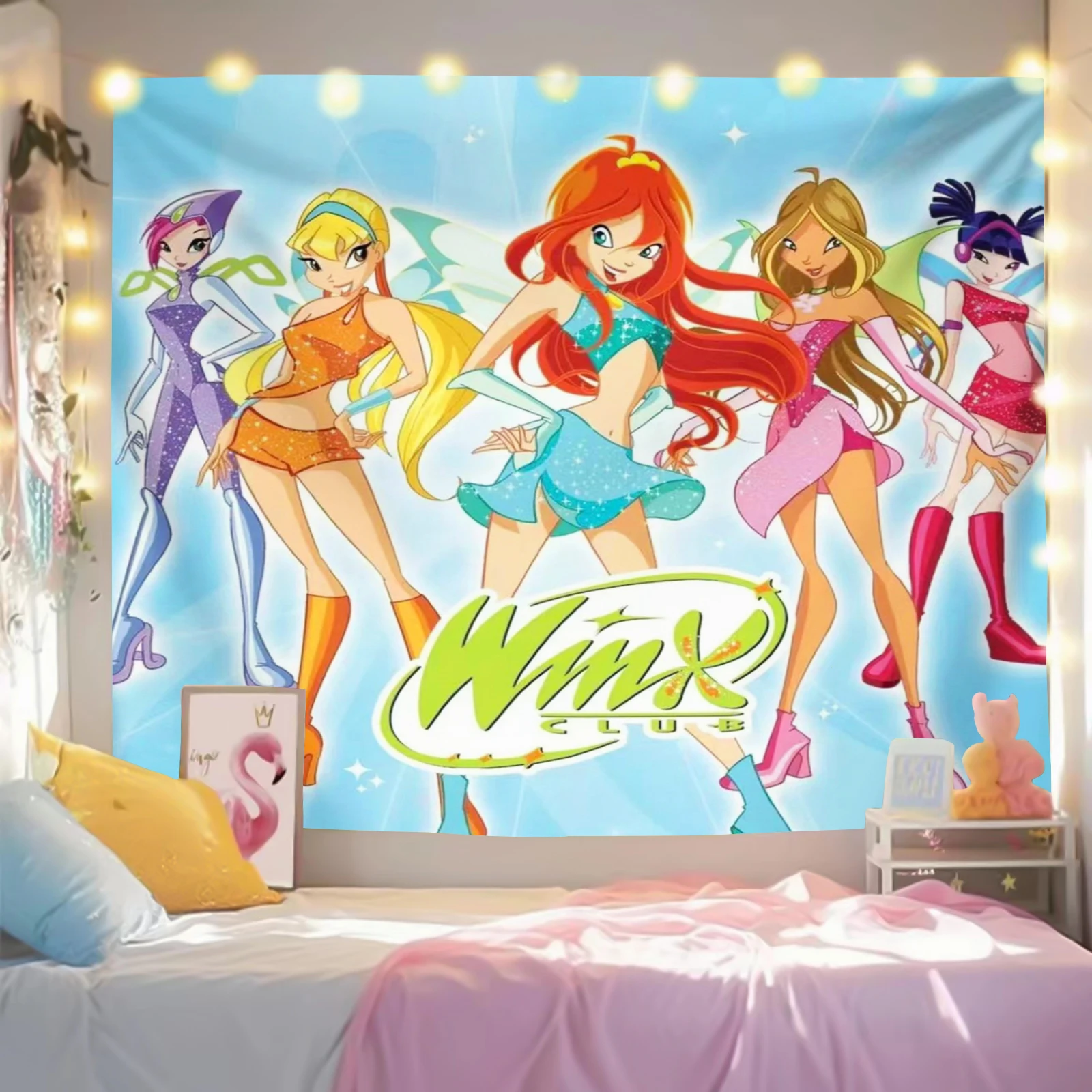 

Winx Club Cartoon Tapestry, Home Wall Hanging, Student Dormitory, Background Decoration, Bedroom, Living Room, Kawaii Design