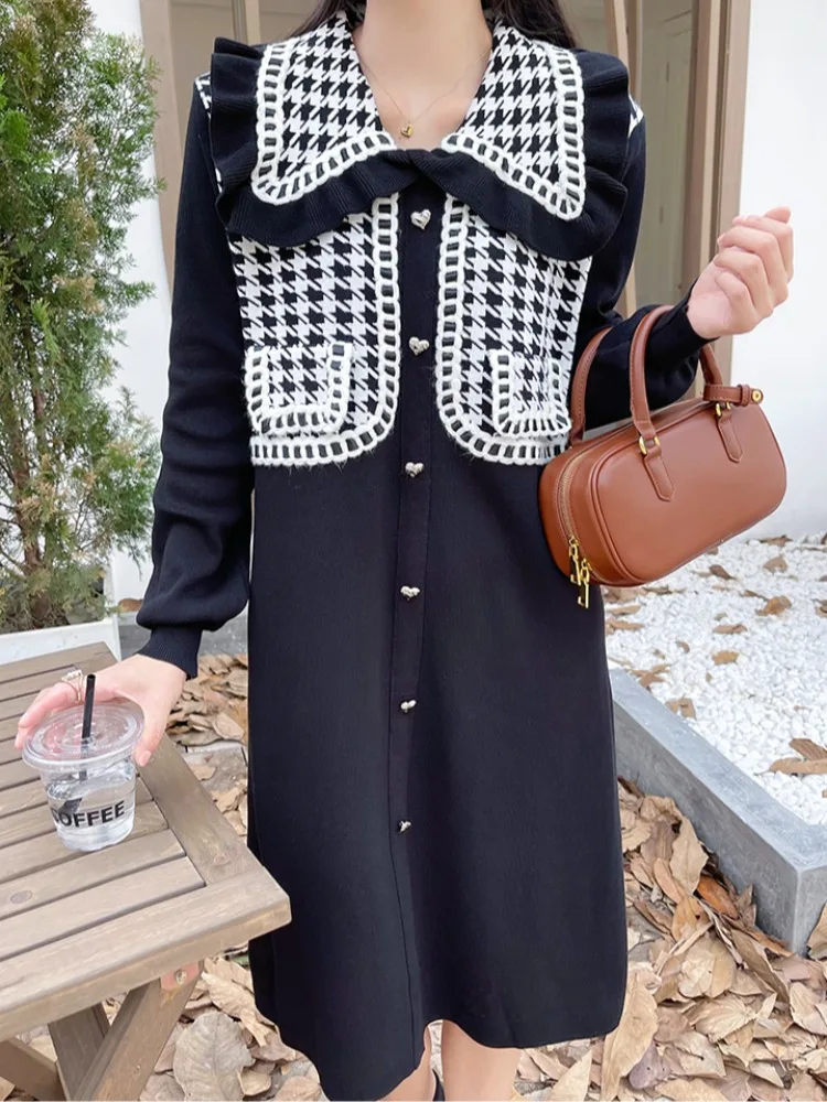 

Нишевое черное трикотажное платье в стиле преппи с воротником Питера Пэна, твидовое тонкое платье средней длины, осенняя модная женская одежда