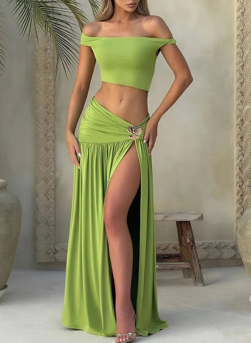 

Женский сексуальный одинаковый комплект из 2 предметов, летние однотонные укороченные топы с открытыми плечами + макси-юбки с разрезом и рюшами, Mujer, праздничная одежда