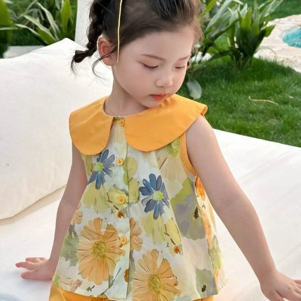 กางเกงขากว้างสาวชุดดอกไม้เสื้อยืดสองชิ้นชุดพิมพ์ลายดอกไม้แขนสั้นสบายพลิกคอเสื้อผ้าเด็กชุด