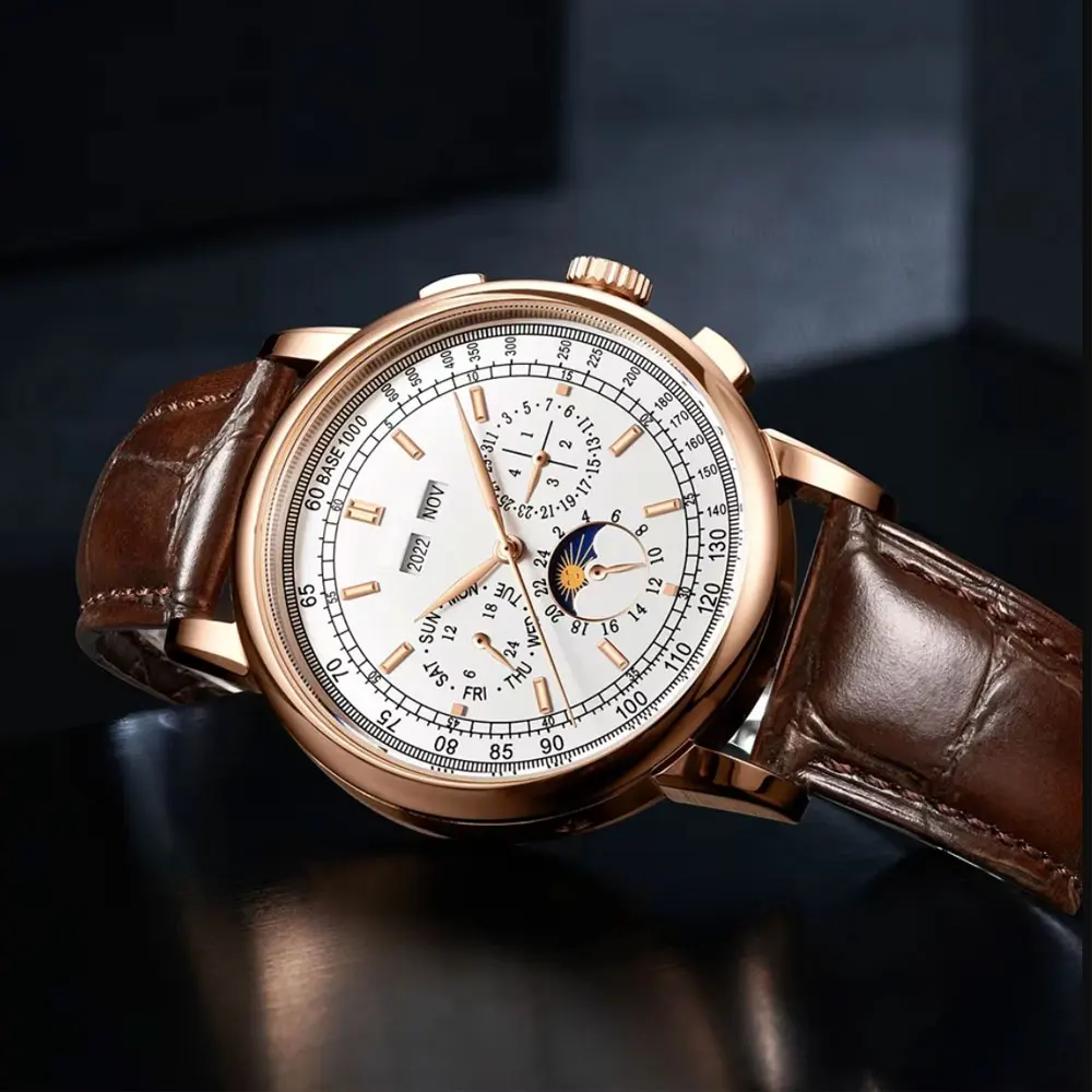42mm Business Polished Case Mineral Glass Automatic Mechanical Men Watches Year Date Week Watch for Man watch Reloj