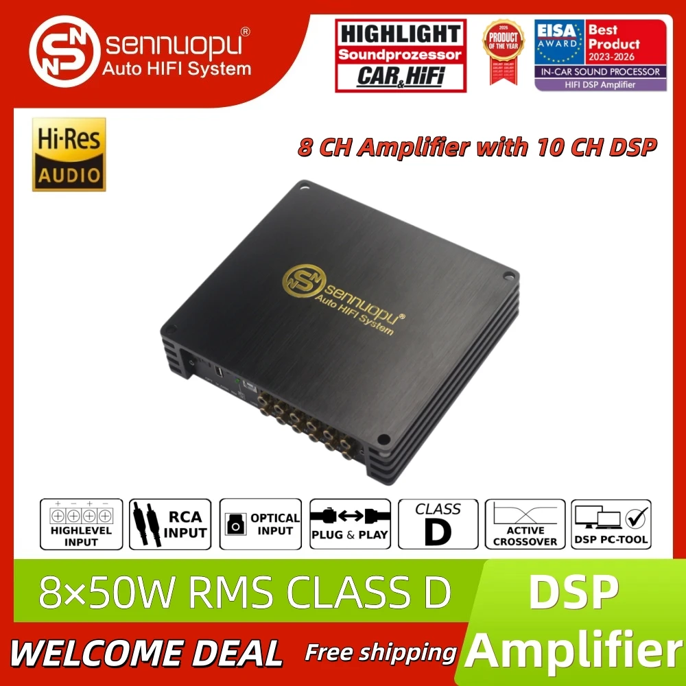 

SENNUOPU M10Pro Car Audio DSP Amplifier 8CH 50W RMS with 31-Band EQ PC Tuning Optical USB for Lossless Playback High Level Input