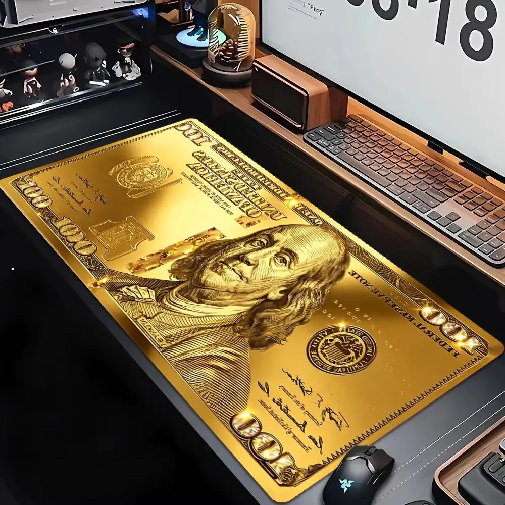 XXL Large Gaming Mouse Pad Gold 100 Dollar Bill Neon Stock Chart Print Anti Slip Rubber Desk Mat For Office Trader Gamers