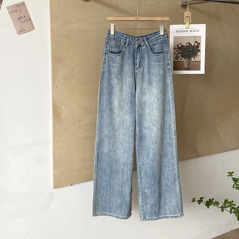 

Korean Style Commuting Denim Pants Women Spring Summer Fashion High Waist Straight Trousers Female Simple Blue Jeans