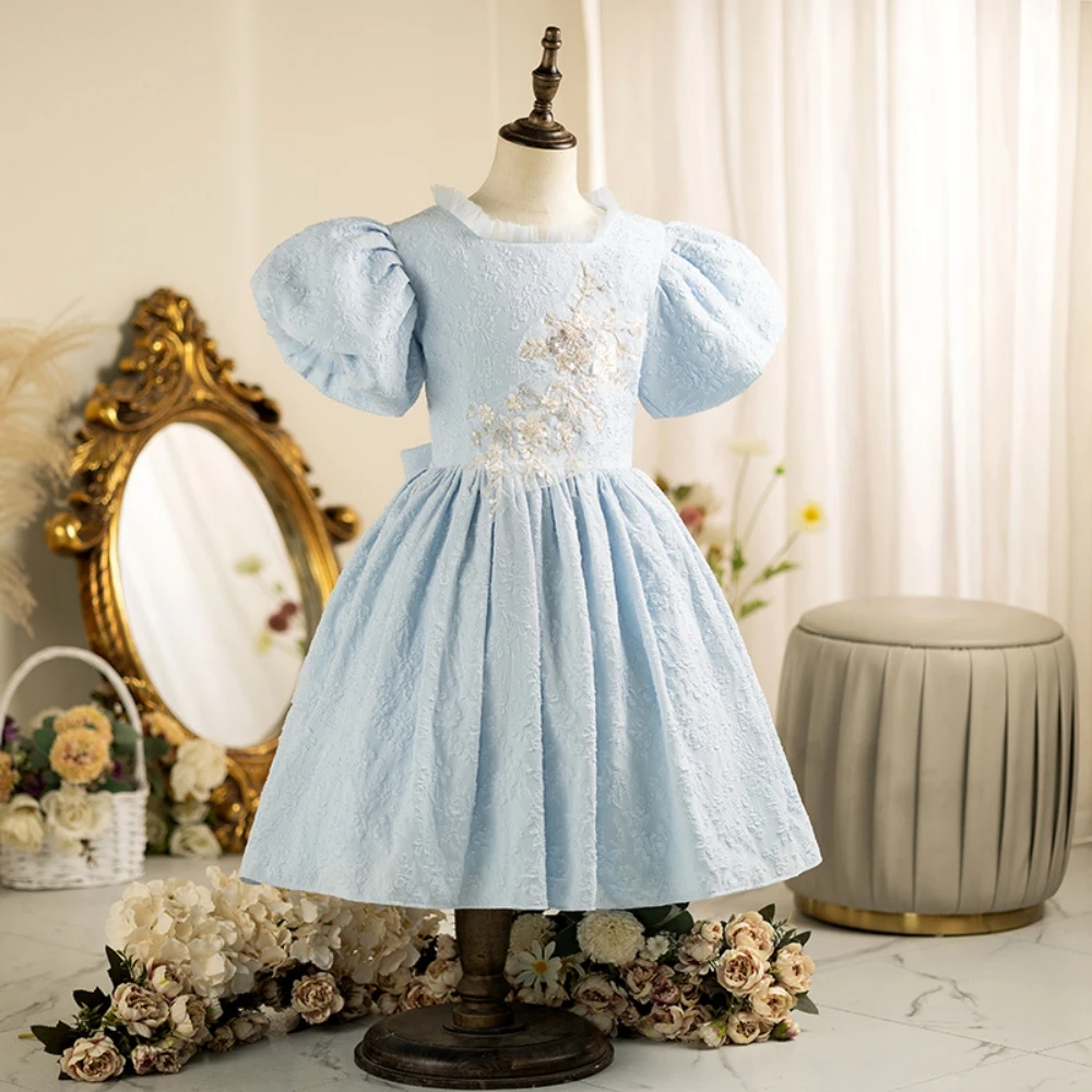 Vestido de princesa com lantejoulas e apliques de renda para crianças, performance escolar, requintado, azul, manga bufante, vestido de passarela personalizado