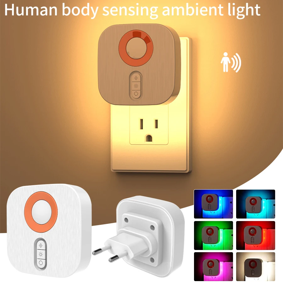 Motion Sensor Dimmable LED Night Light with EU Plug White and RGB 7 Colors Ambient Lamp Perfect for Bedroom Bedside
