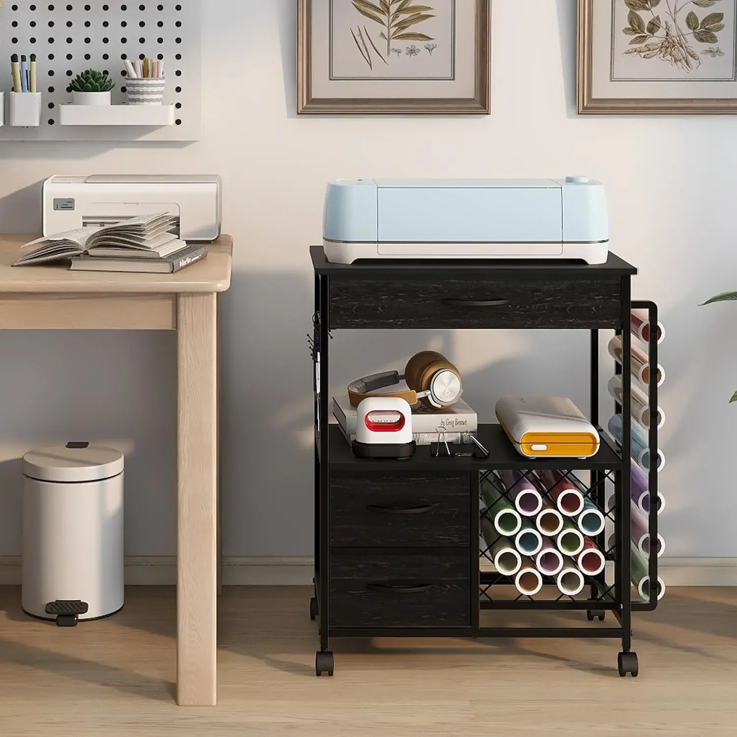 Storage Cart Compatible with Cricut Machines Stand Cutting Machine Stand with Drawers and Vinyl Roll Holder Rolling Craft Cabine
