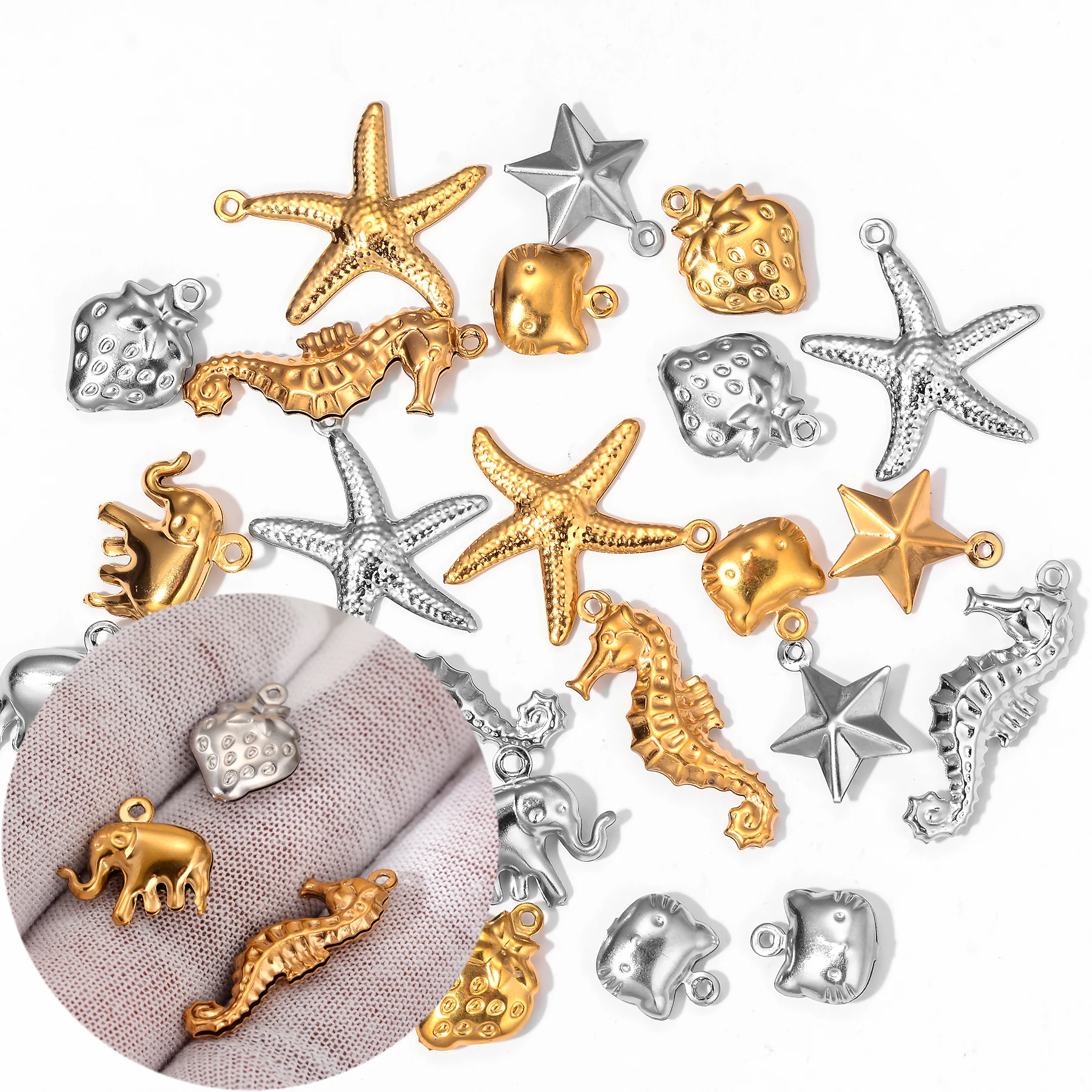 10pcs Stainless Steel 3D Elephant/Starfish/Cat/Seahorse/Star/Strawberry Charms for Jewelry Making Supplies Diy Necklace Earrings